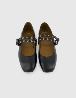 Babies noires cuir double bride œillets Femme