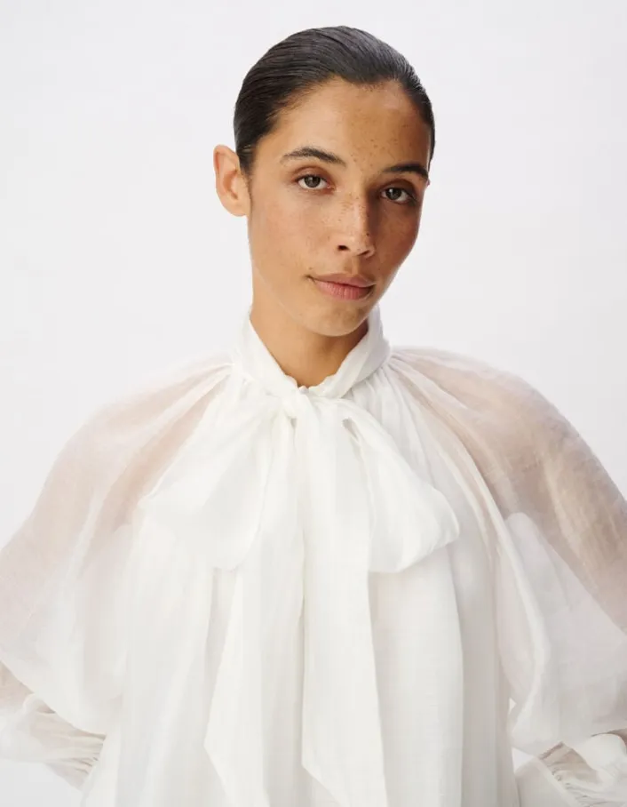 Blouse blanche col lavallière manches ballon Femme