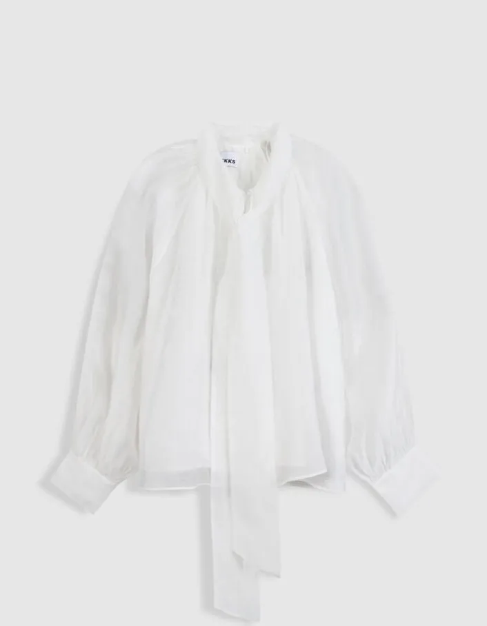 Blouse blanche col lavallière manches ballon Femme