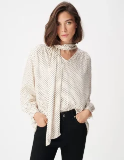 Blouse écrue satinée motif pois col lavallière Femme
