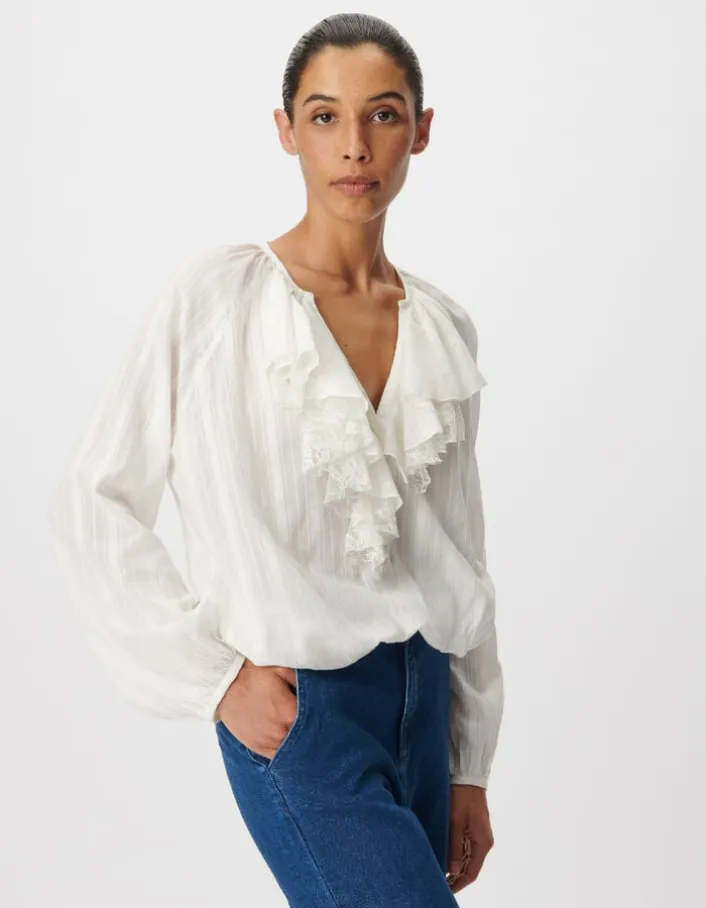 Blouse fluide blanche détails volants dentelle Femme