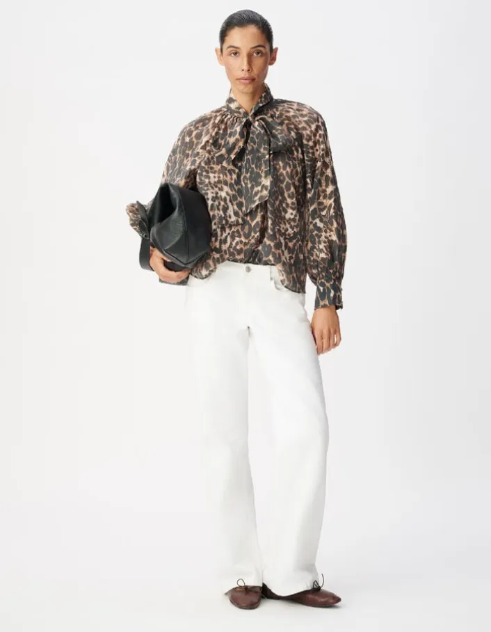 Blouse marron col lavallière motif léopard Femme