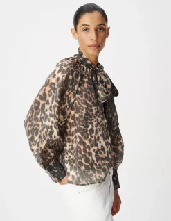 Blouse marron col lavallière motif léopard Femme