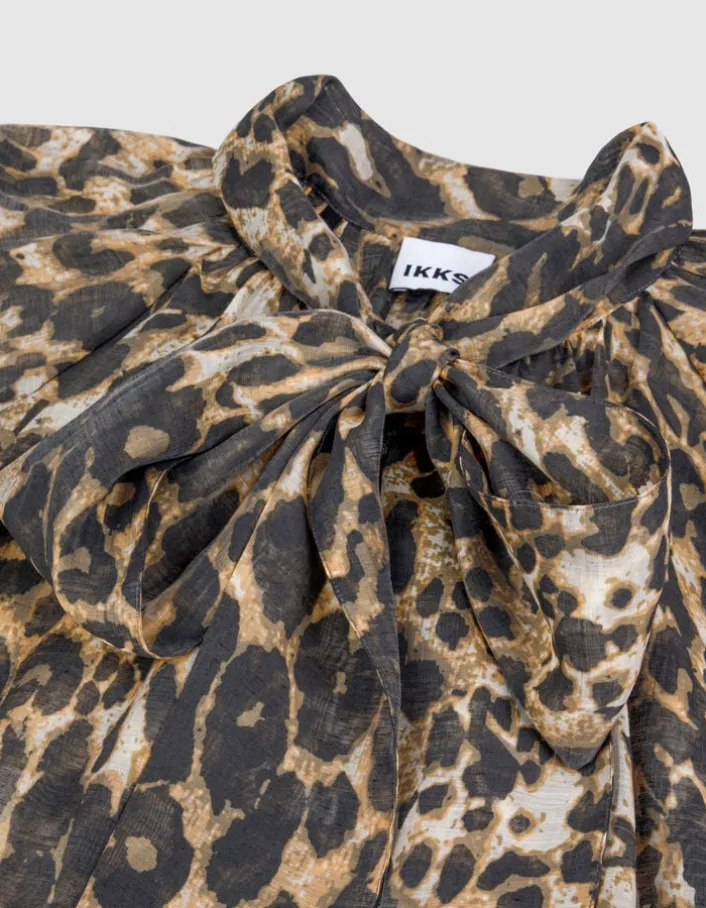 Blouse marron col lavallière motif léopard Femme