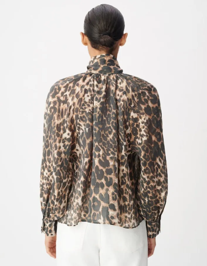 Blouse marron col lavallière motif léopard Femme
