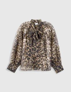 Blouse marron col lavallière motif léopard Femme
