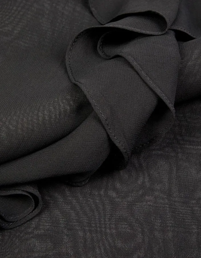 Blouse noire fluide à jabot et volants Femme