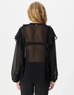 Blouse noire fluide à jabot et volants Femme
