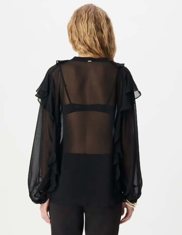 Blouse noire fluide à jabot et volants Femme