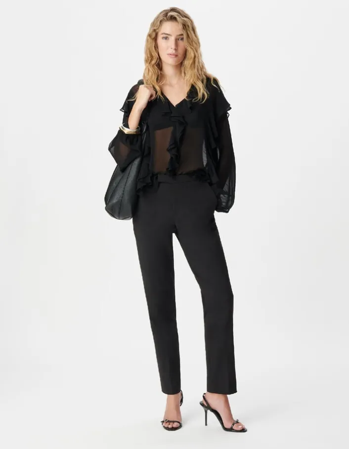 Blouse noire fluide à jabot et volants Femme