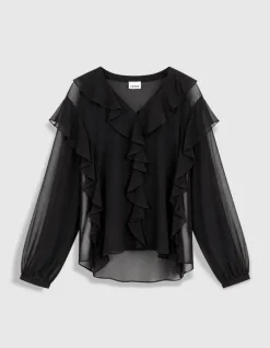 Blouse noire fluide à jabot et volants Femme