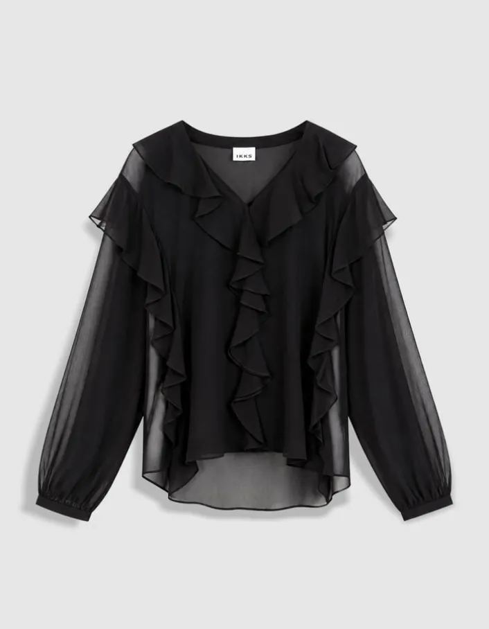 Blouse noire fluide à jabot et volants Femme