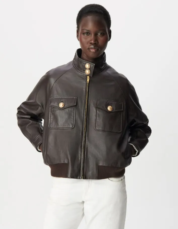 Blouson aviateur marron cuir Femme