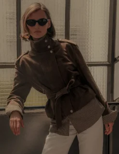 Blouson cuir velours beige à ceinturer Femme