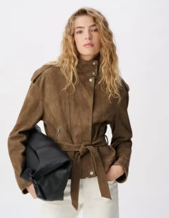 Blouson cuir velours beige à ceinturer Femme