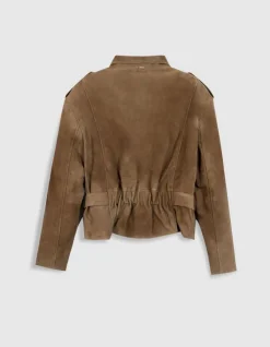 Blouson cuir velours beige à ceinturer Femme