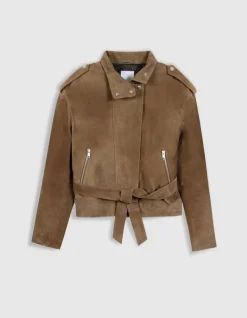 Blouson cuir velours beige à ceinturer Femme