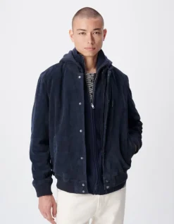 Blouson marine cuir velours capuche amovible Homme