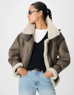 Blouson marron en cuir retourné Femme