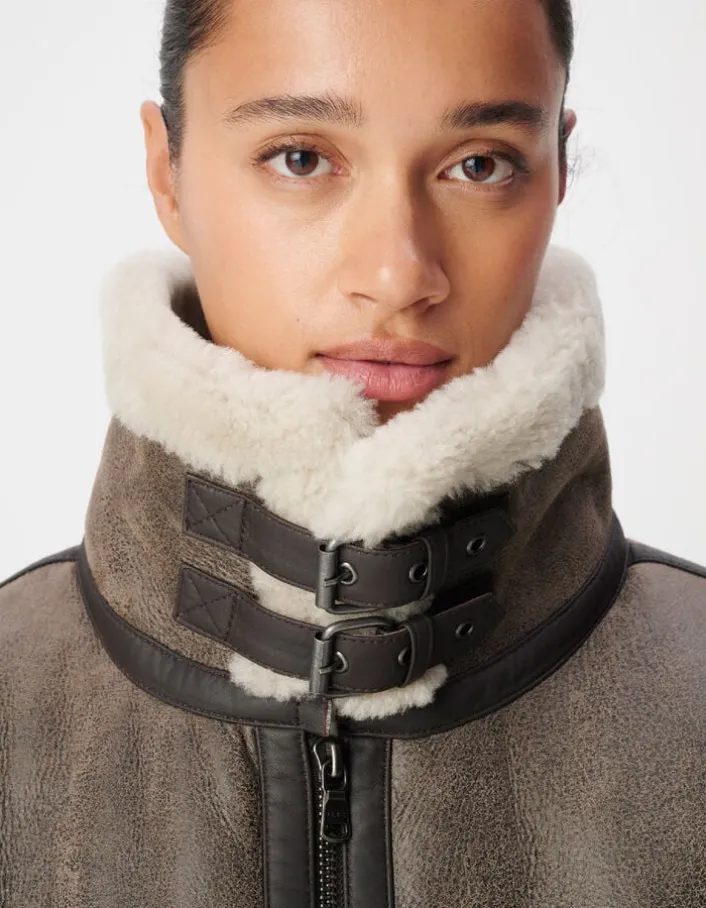 Blouson marron en cuir retourné Femme