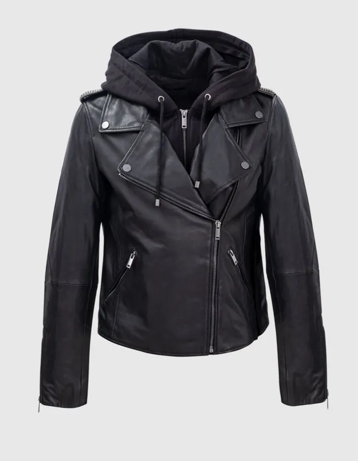 Blouson noir cuir esprit motard capuche amovible Femme
