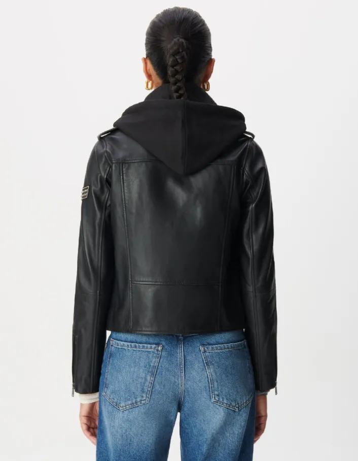 Blouson noir cuir esprit motard capuche amovible Femme