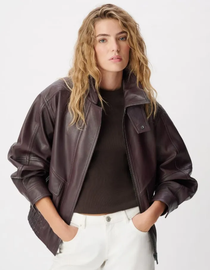 Bomber cuir bordeaux oversize Femme