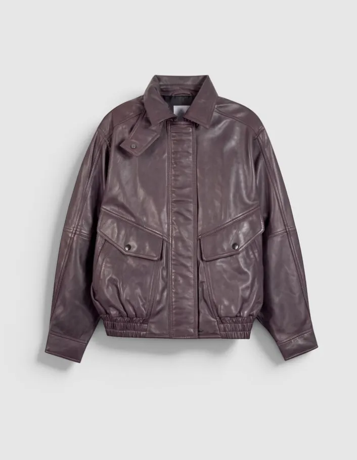 Bomber cuir bordeaux oversize Femme