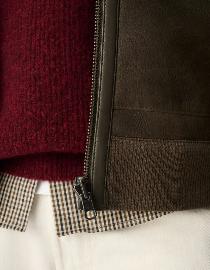 Bomber réversible kaki cuir retourné Homme