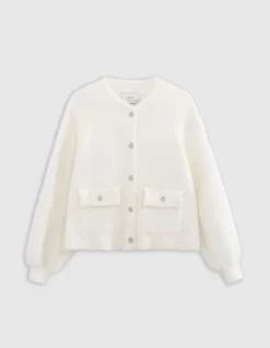 Cardigan blanc tricot duveteux poches à rabat pressionné Femme