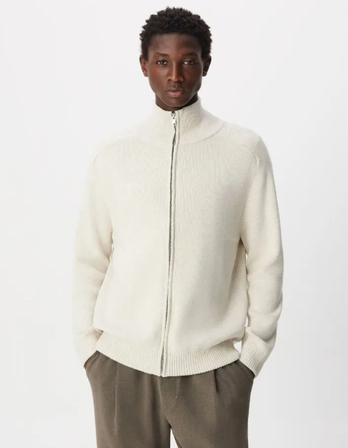 Cardigan col camionneur blanc tricot zippé Homme