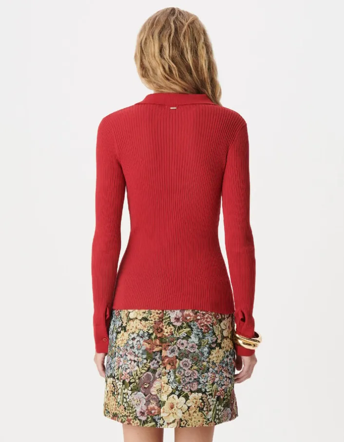 Cardigan col polo rouge tricot côtelé boutonné Femme