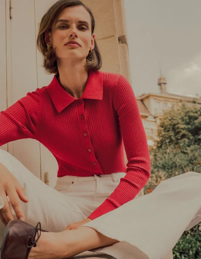 Cardigan col polo rouge tricot côtelé boutonné Femme