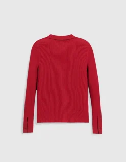 Cardigan col polo rouge tricot côtelé boutonné Femme