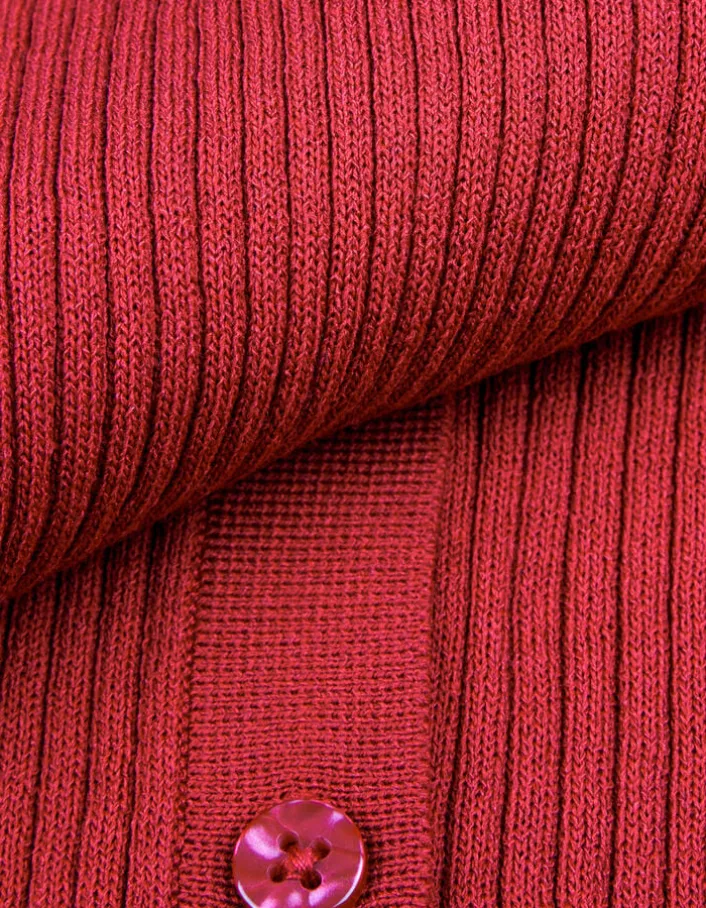 Cardigan col polo rouge tricot côtelé boutonné Femme