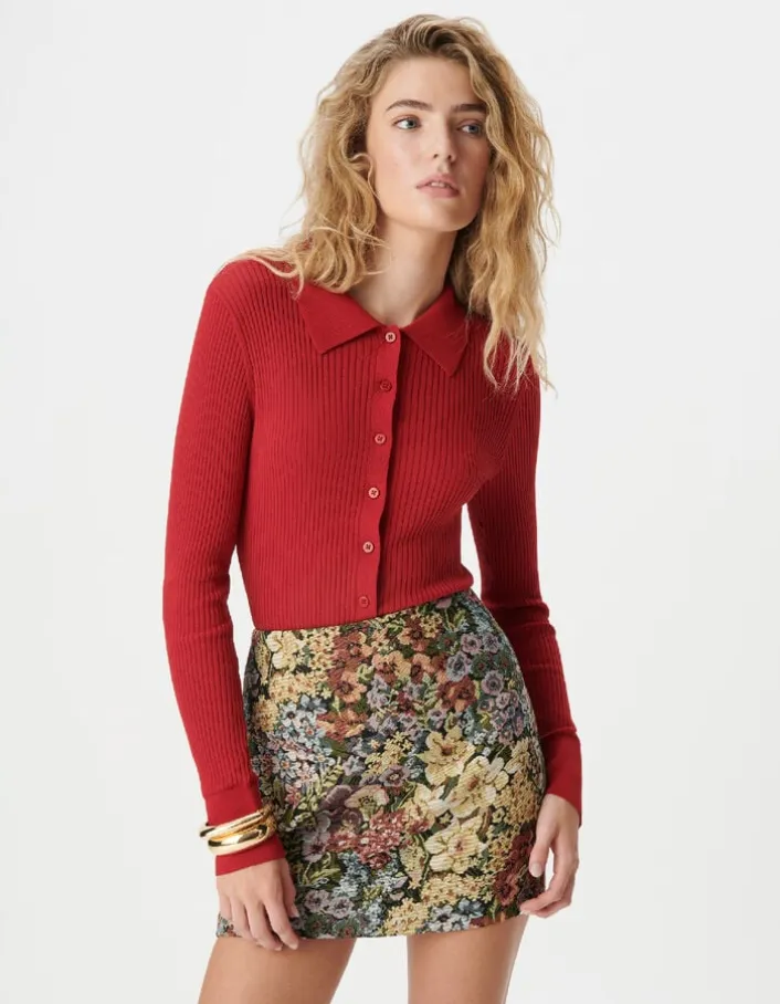 Cardigan col polo rouge tricot côtelé boutonné Femme