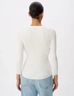 Cardigan col V blanc cassé tricot côtelé boutonné Femme
