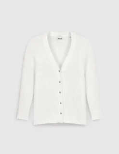 Cardigan col V blanc cassé tricot côtelé boutonné Femme