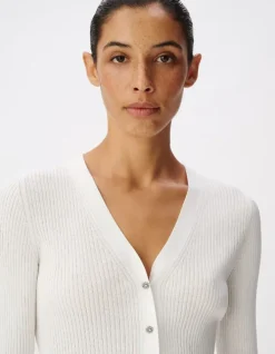Cardigan col V blanc cassé tricot côtelé boutonné Femme