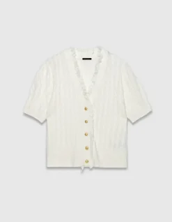 Cardigan manches courtes blanc tricot torsadé Femme