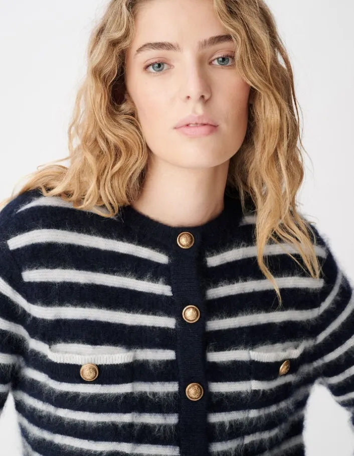 Cardigan manches longues marine rayures 100% laine Femme