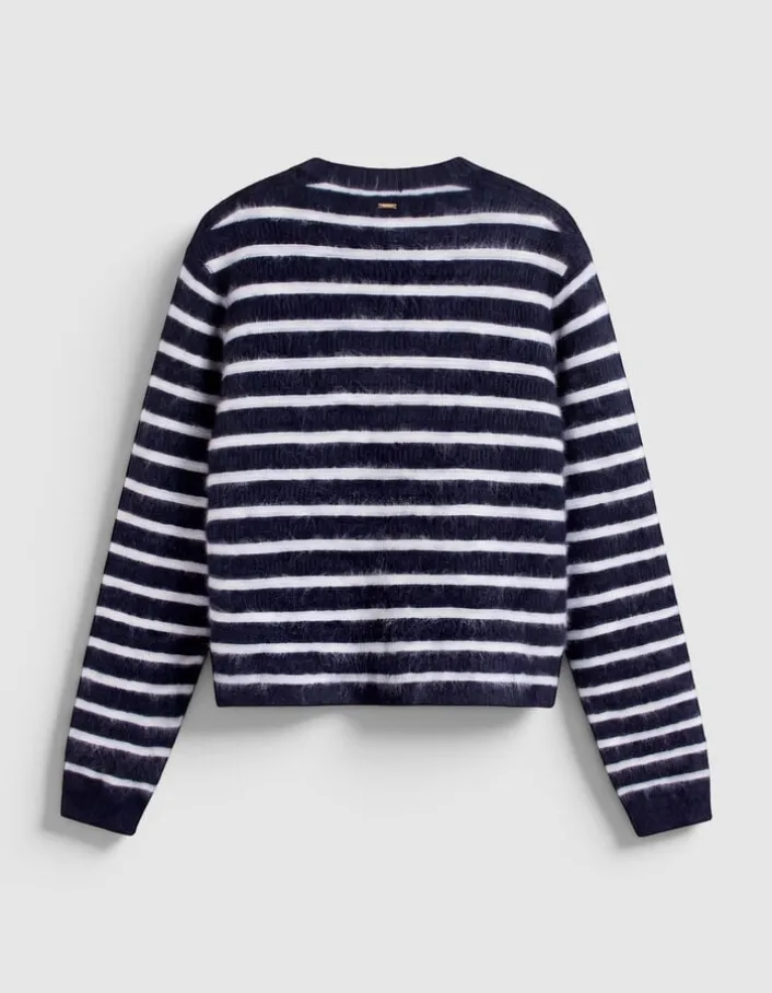 Cardigan manches longues marine rayures 100% laine Femme