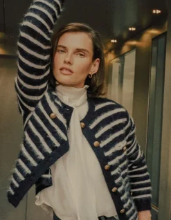 Cardigan manches longues marine rayures 100% laine Femme