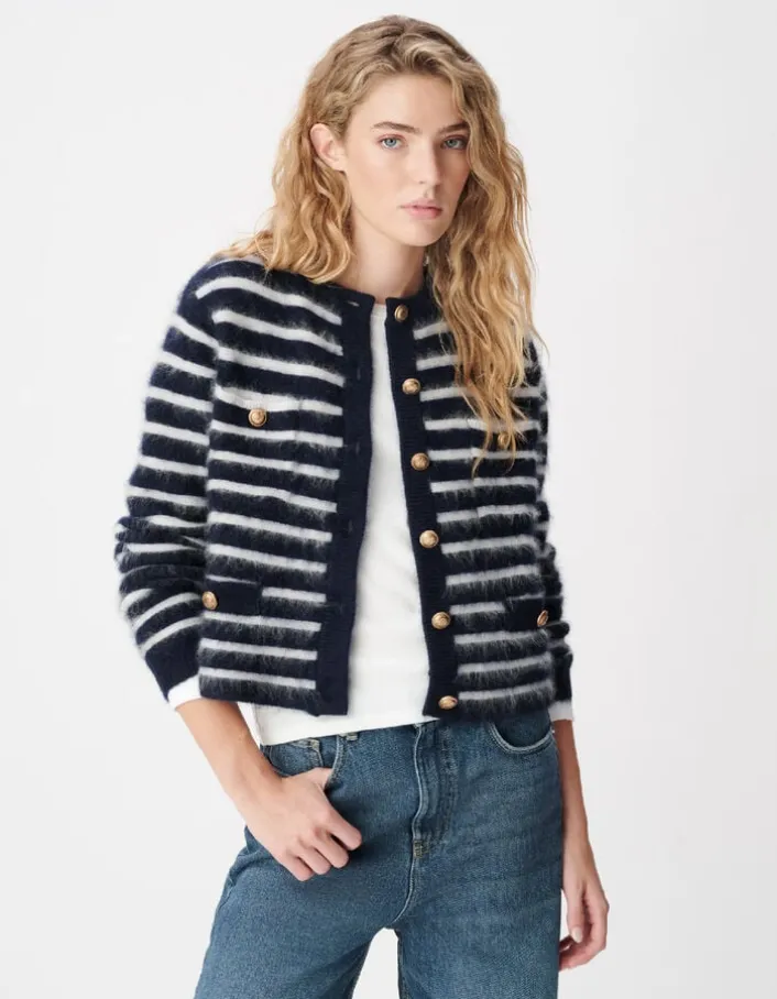 Cardigan manches longues marine rayures 100% laine Femme