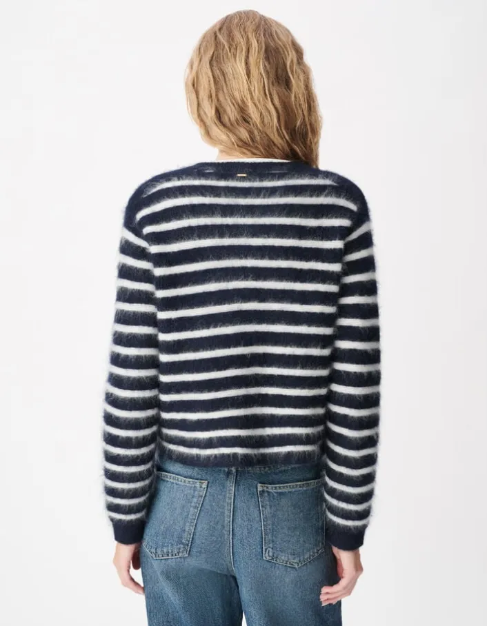 Cardigan manches longues marine rayures 100% laine Femme