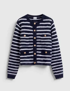 Cardigan manches longues marine rayures 100% laine Femme