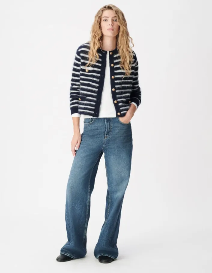 Cardigan manches longues marine rayures 100% laine Femme
