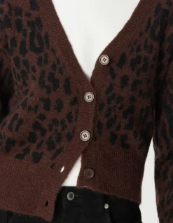 Cardigan marron tricot motif léopard Femme