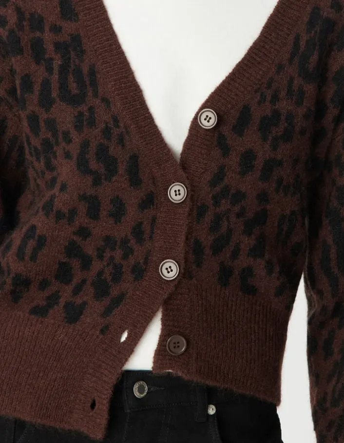 Cardigan marron tricot motif léopard Femme