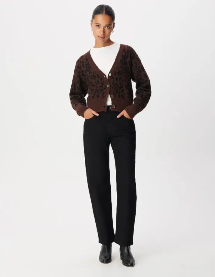 Cardigan marron tricot motif léopard Femme